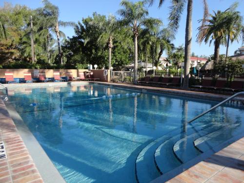 a swimming pool at a resort with palm trees at The Capri at Siesta in Siesta Key