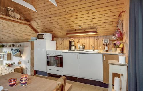 a kitchen with white appliances and a wooden ceiling at Nice Home In Esbjerg V in Esbjerg