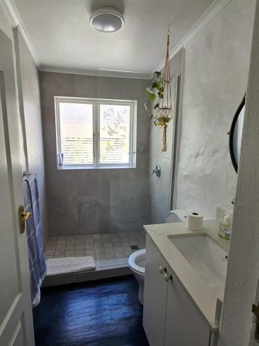 a bathroom with a shower and a toilet and a window at Majestic Secret in Cape Town