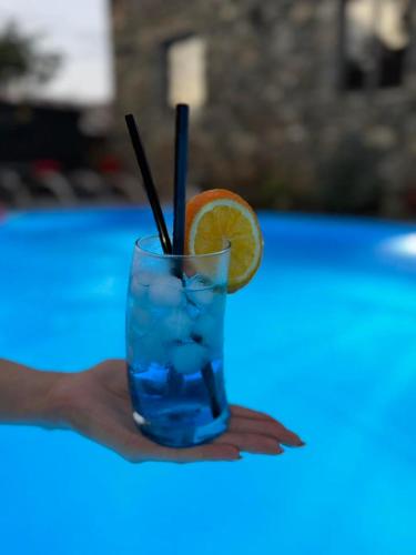 a person holding a glass with an orange slice at Davitiani in Tʼelavi