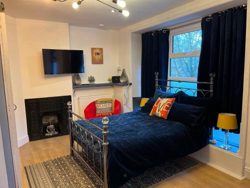 1 dormitorio con 1 cama con chimenea y TV en Studio 2, en Matlock
