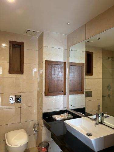 a bathroom with a sink and a toilet at Palette 823 Hotel Ichchha in Simara