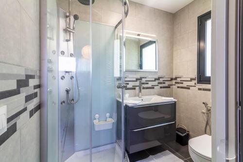 une salle de bain avec une douche, un lavabo et des toilettes dans l'établissement L'Ostau deu Bonur - gîte, à Saint-Martin