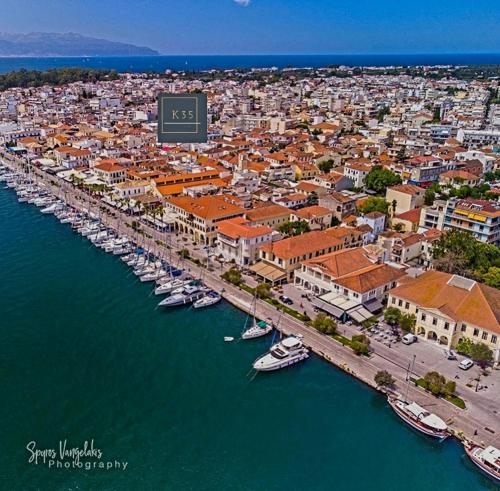 an aerial view of a harbor with boats in the water at K35 Apartments in Preveza