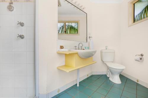 a bathroom with a sink and a toilet and a mirror at Seven Mile Beach Holiday Park in Gerroa