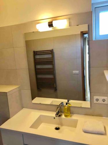 a bathroom with a sink and a mirror at Prime Location-Golden Circle 3 Bedrooms in Selfoss