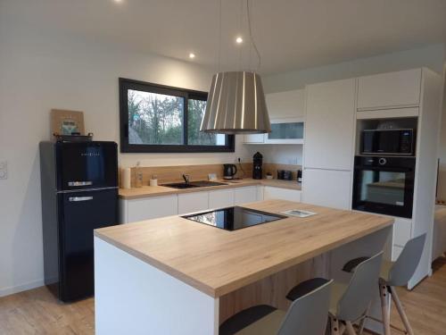 Il comprend une cuisine équipée d'un réfrigérateur noir et d'un comptoir en bois. dans l'établissement Le Paradis Secret Plage et Balneo, à Gouville-sur-Mer