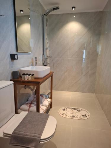 a bathroom with a sink and a shower at 5th Continent in Nikiana