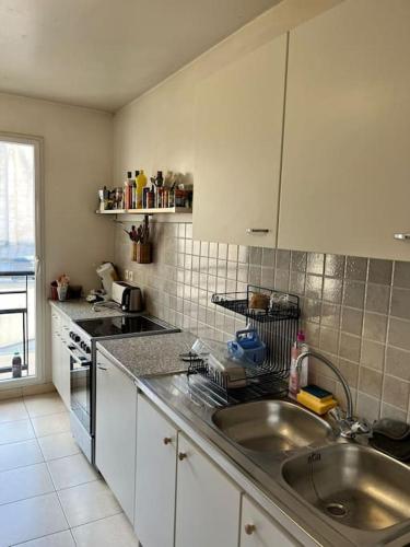 une cuisine avec un évier et un plan de travail dans l'établissement 3 chambres terrasse et parking gratuit, à Paris