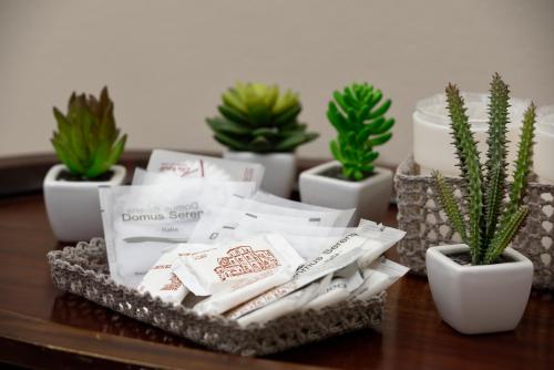 a table with a tray of cards and plants at Gattopardo Park Hotel in Lipari