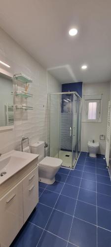 a bathroom with a toilet and a sink and a shower at Vivienda Mirasierra in Béjar
