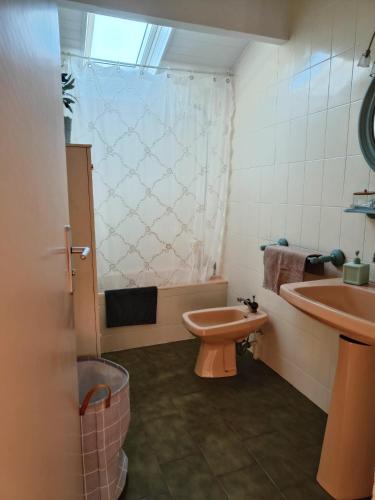 une petite salle de bain avec toilettes et lavabo dans l'établissement Coqueto Apartamento en Hendaya, à Hendaye