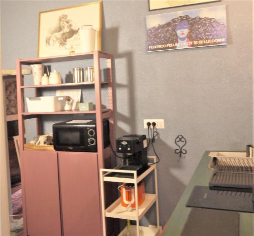 Habitación con nevera y estante con microondas. en Mirò - Escape with Romantic Lake View balcony, en Lezzeno