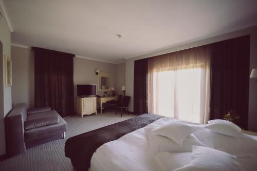 a bedroom with a bed and a desk and a window at Hotel Helen in Bacău