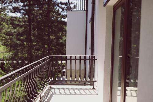 a balcony with a black railing and a window at Hotel Helen in Bacău