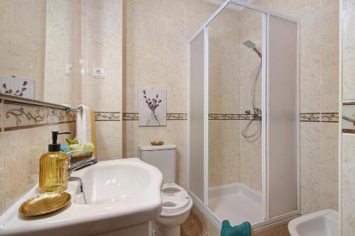 a bathroom with a shower and a sink and a toilet at Villa Martina in Albufeira