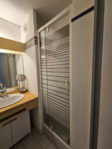 La salle de bains est pourvue d'un lavabo et d'une porte de douche en verre. dans l'établissement Cap d'Agde bord de mer, au Cap d'Agde