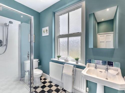 a blue bathroom with a sink and a toilet at Bagshaw Mews in Bakewell