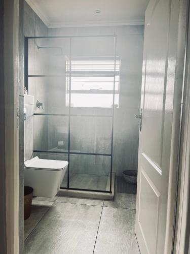 a bathroom with a glass shower and a toilet at Anga Spaces in Duvhapark
