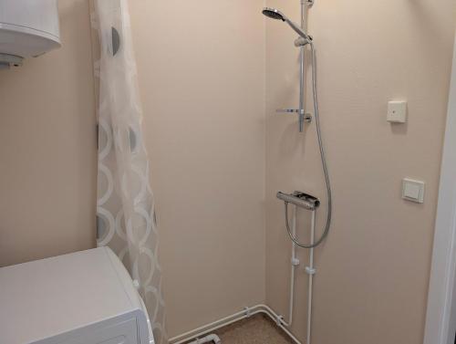 a shower stall in a bathroom with a toilet at Hel stuga nära Vindelälven i Lappland in Blattniksele