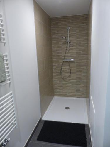 La salle de bains est pourvue d'une douche et d'un tapis noir. dans l'établissement Le 206 Appartement Moderne et Cosy-Terrasse -Centre-Parking-Wifi, à Bourg-Saint-Maurice