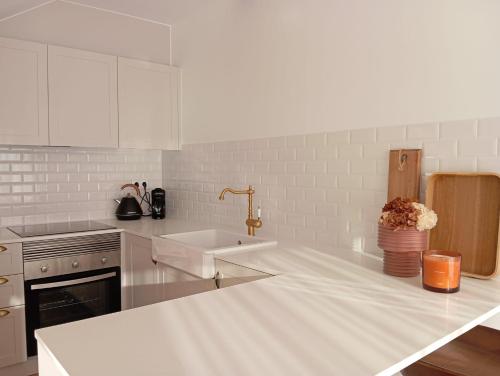 a white kitchen with a sink and a counter at Dalpendre - Turismo em espaço rural in Felgueiras