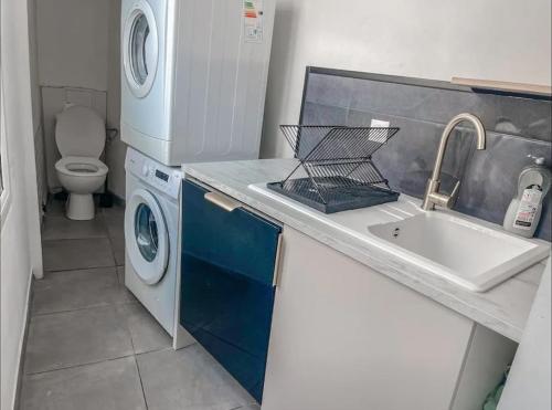 une salle de bain avec un lavabo et une machine à laver dans l'établissement Maison 7 personnes - Bordeaux, à Bordeaux