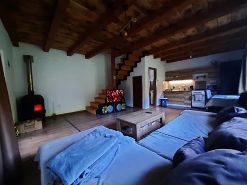 Una sala de estar con un sofá y una estufa. en Mountain Cozy Home, en Sub Cetate