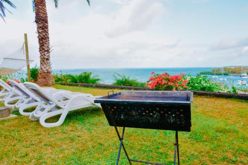 a grill in the grass with chairs and the ocean at Boutique Villa on the Rocks with Stunning Sea Views, Infinity Pool & Private Sea in Trou dʼ Eau Douce