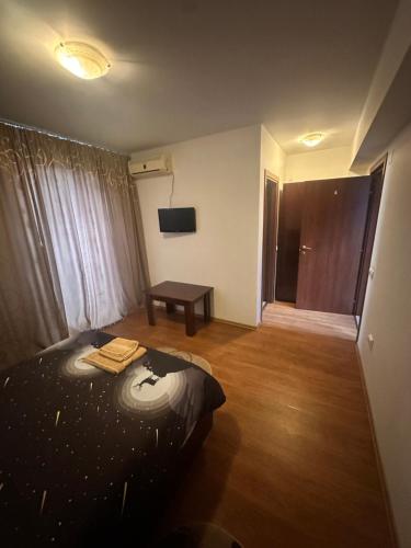 a room with a bed and a table in it at Pensiunea Artemis in Craiova