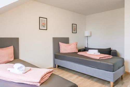 two beds in a room with pink pillows at Angela Apartments in Würzburg