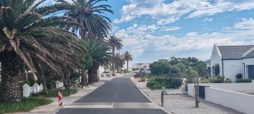 an empty road with palm trees on the side of a street at Concha at Shelley Point in Stompneusbaai