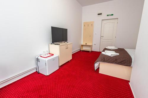 a bedroom with a bed and a flat screen tv at Boutique Boema in Târgovişte