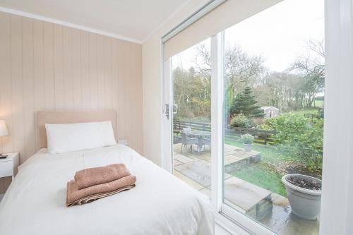 a bedroom with a bed and a large window at Hafod Y Coed Lodge in Narberth