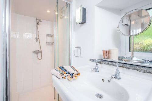 ein weißes Badezimmer mit Waschbecken und Dusche in der Unterkunft Weavers Cottage in Lampeter-Velfrey