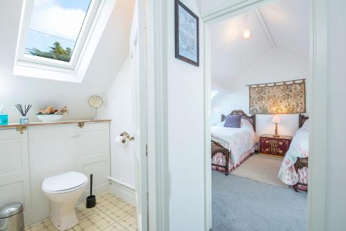 ein Schlafzimmer mit einem Bett und einem WC in der Unterkunft Honeysuckle Cottage in Solva