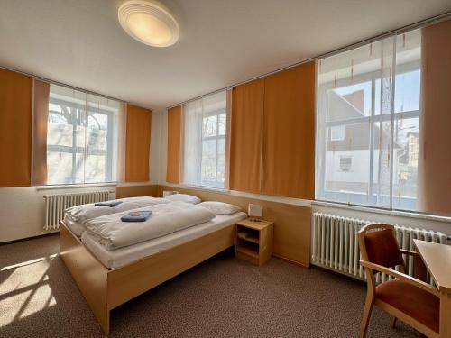 a bedroom with a bed and two windows at Evangelisches Allianzhaus in Bad Blankenburg