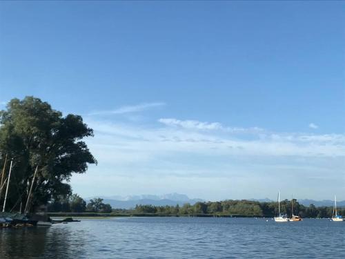 a view of a lake with boats in the water at Ferienwohnung in Andechs am Ammersee in Andechs