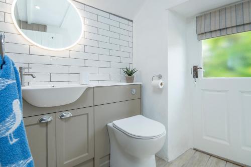 une salle de bain avec toilettes, lavabo et miroir dans l'établissement Tri Pysgodyn, à Haverfordwest