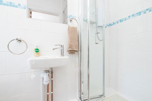 a bathroom with a sink and a shower at Tan Y Bryn in Haverfordwest