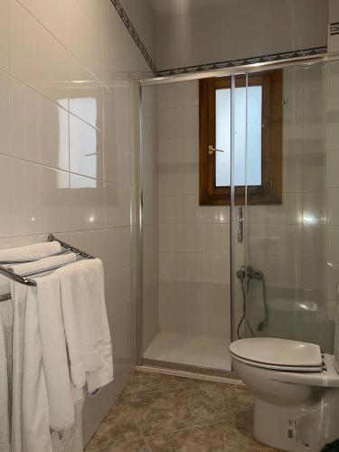 a bathroom with a shower and a toilet and towels at San Miguel in Segovia