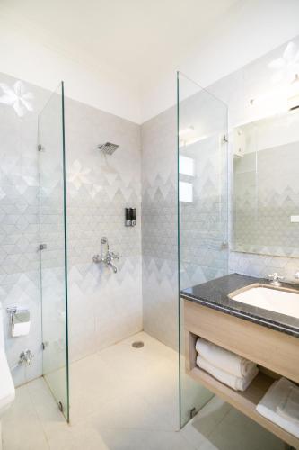 a bathroom with a glass shower and a sink at Marten's Wilderness Retreat in Lansdowne