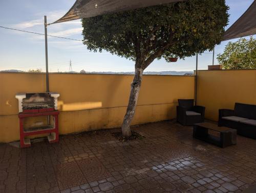 a tree sitting next to a wall with a table and chairs at A pochi minuti da Roma - No tassa di Soggiorno in Scorano