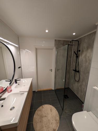 a bathroom with a shower and a sink and a toilet at Reine City Apartment in Reine