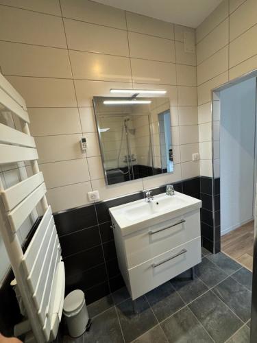 a bathroom with a sink and a mirror at Appartement Le Madargue idéalement placé in Châtel-Guyon