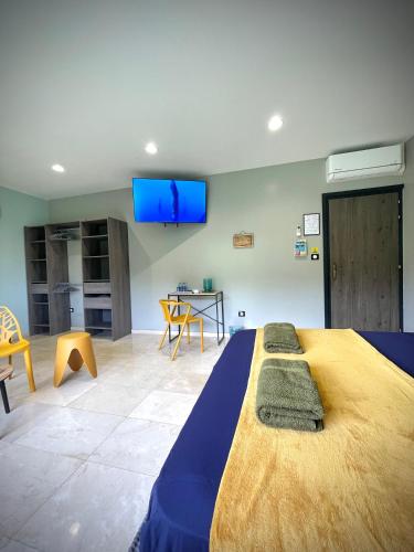 a bedroom with a large bed with a blue blanket at Villa Rose Marie Calme et Grands Espaces in Le François