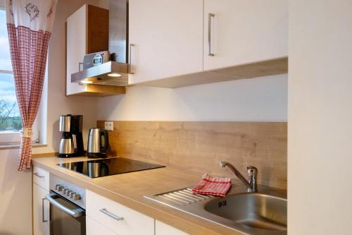 a kitchen with a sink and a counter top at Haus am See - zur roten Tür in Templin