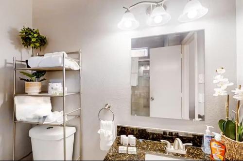 a bathroom with a sink and a mirror at Playstay Houston in Houston