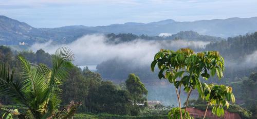 a view of a valley with clouds in the mountains at Hobbit Hotel El peñol Guatapé in La Pradera