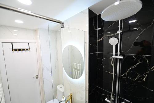 a bathroom with a shower and a mirror at FLH - The Great Novel in Sibiu